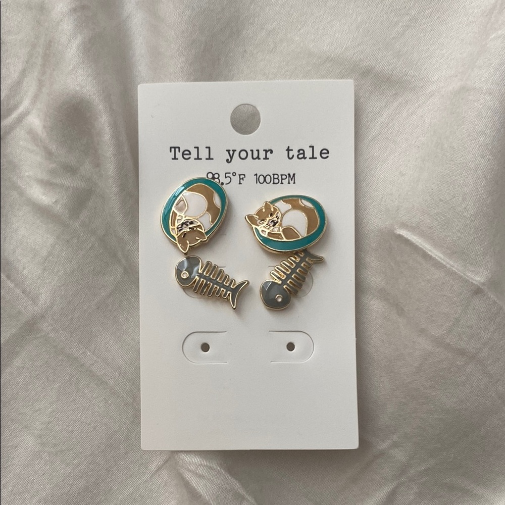 Gold and Teal Cat Earrings